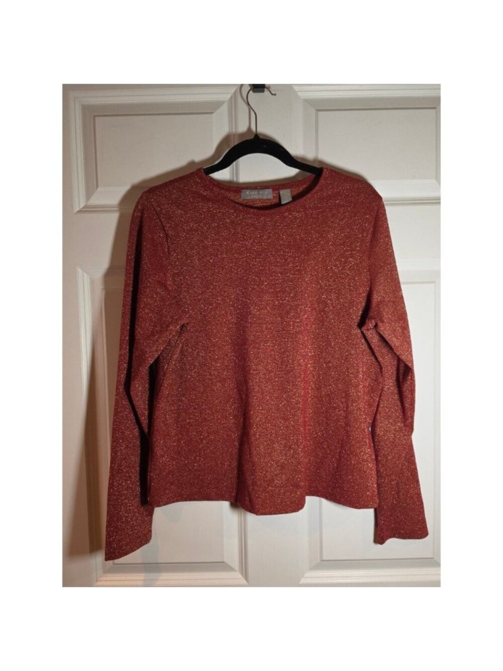 Kate Hill Casual Metallic Sparkle Long-Sleeve Top in Rust L